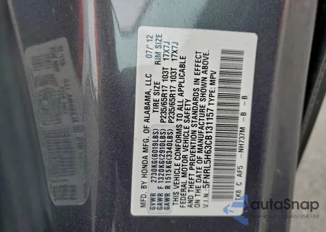 2012 Honda Odyssey Exl z USA, uszkodzony, nr VIN 5FNRL5H63CB131157